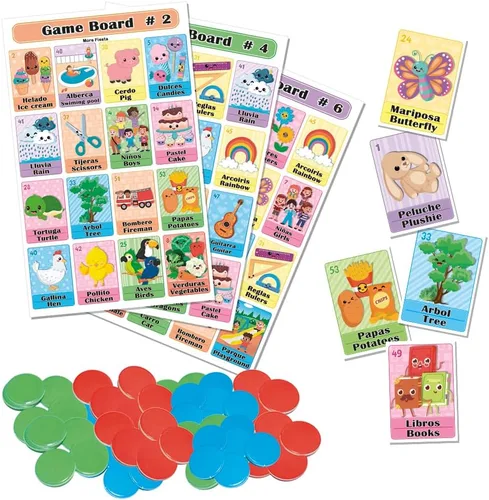 Juego bilingüe Loteria Fiesta en inglés y español, bingo mexicano para 10 jugadores, 10 tablas, baraja completa de cartas y fichas
