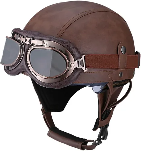 Miniatura 9 de Casco retro de cuero vintage para motocicleta, para hombres y mujeres, adultos, para scooter, bicicleta, crucero, con gafas y lente solar