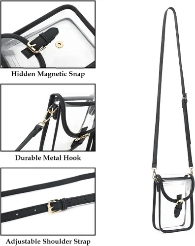 Miniatura 3 de FAIME Pequeña bolsa transparente aprobada para estadios, bolsa cruzada transparente para teléfono celular con correa ajustable para conciertos Negro