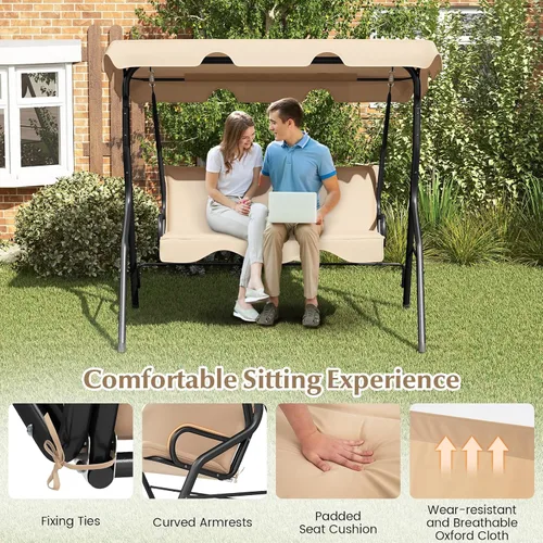 Miniatura 6 de RELAX4LIFE Silla columpio para porche para 3 personas, columpio para exteriores con toldo ajustable, cojín extraíble y soporte de marco de metal