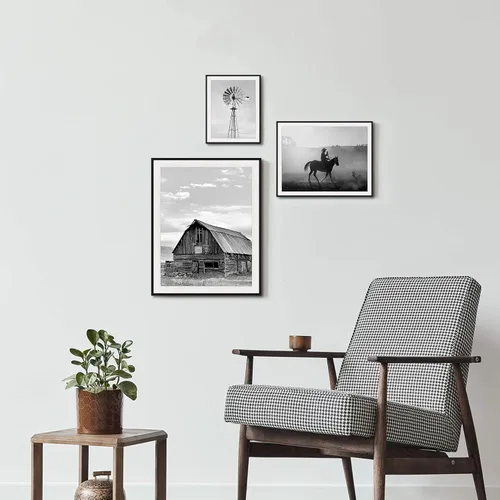 Miniatura 5 de Arte de pared enmarcado con vista rústica: 3 piezas de granja en blanco y negro, vaquero brumoso, granero, fotografía, moderno, molino de viento