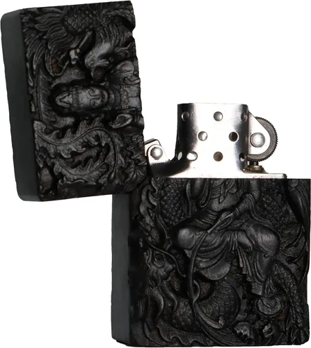 Miniatura 5 de Carcasa exterior tallada en madera negra de ébano natural para kit de inserción Zippo (Kwan Yin Goddess Dragon Phoenix)