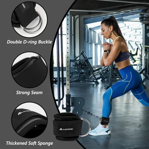 Miniatura 6 de flintronic 2 correas de tobillo para máquina de cable, puños de gimnasio con doble anillo en D de acero inoxidable, tobillera de gimnasio