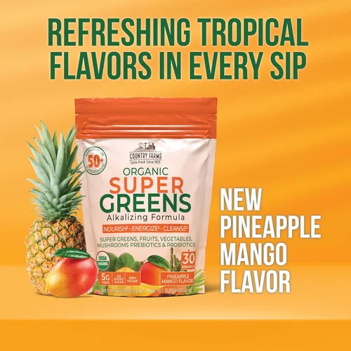 Miniatura 5 de Country Farms Super Greens Sabor piña y mango, 50 súper alimentos orgánicos, mezcla de bebida orgánica USDA (pasto de trigo, espirulina, clorella)