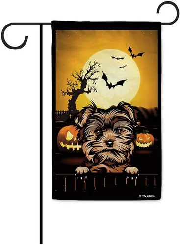Miniatura 35 de Bandera de jardín de calabaza de Feliz Halloween Jack O'Lantern con perro Rhodesian Ridgeback Halloween Bat Boo Bandera decorativa para patio al