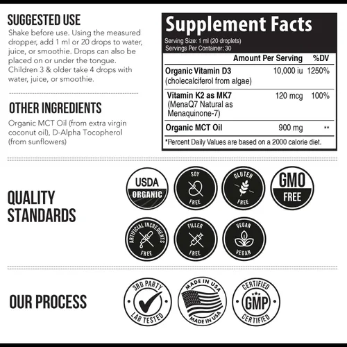 Miniatura 7 de Vitamina D3 K2 orgánica de plantas 10000 iu - MK7 All-Trans de MenaQ7 (120 mcg K2) - Gotas sublinguales D3 10,000 iu (colecalciferol) 100% orgánicas
