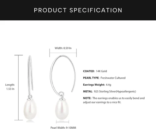 Miniatura 3 de YAMI Aretes colgantes de perlas para mujer, perlas cultivadas de agua dulce/agua salada en plata de ley 925, aretes colgantes hipoalergénicos