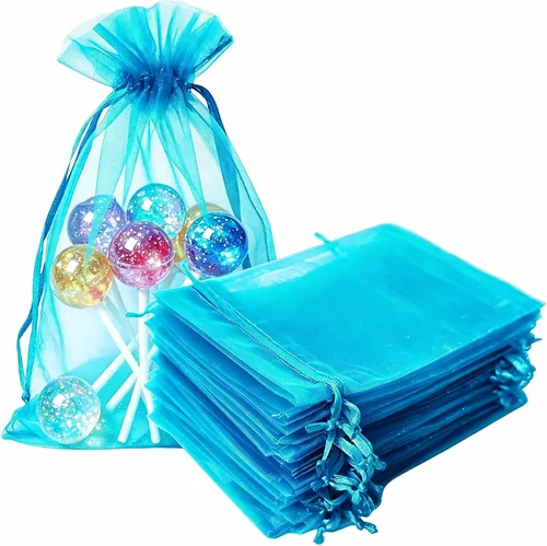 Miniatura 23 de Bolsas de regalo de organza de 4 x 6 pulgadas con cordón para joyas, dulces, paquetes de 50 bolsas de té de tela transparente azul aguamarina