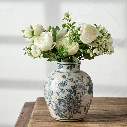 Miniatura 18 de SIDUCAL Jarrón Vintage Azul y Blanco Cerámica Chinoiserie Floral de 6 Pulgadas Jarrón Retro de Porcelana Azul y Blanca con Efecto Agrietado