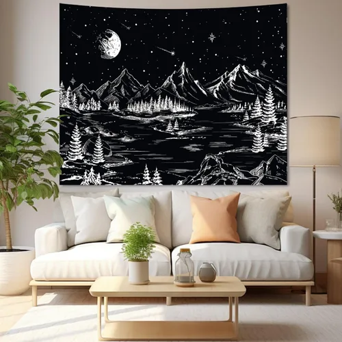 Miniatura 8 de Apdidl Tapiz en blanco y negro de noche estrellada, tapices de montaña para dormitorio, tapiz estético de luna y estrellas, tapiz de pared