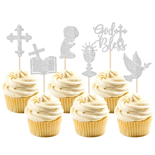 24 piezas de decoración para magdalenas con purpurina de paloma con brillantina, cáliz de la Biblia, para magdalenas, decoración de pasteles de