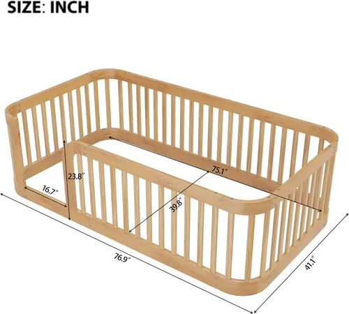 Miniatura 2 de Merax Cama de plataforma de tamaño individual, marco de cama de piso de madera con valla, natural