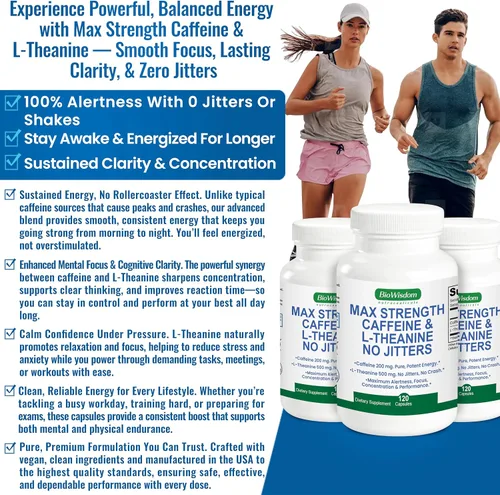 Miniatura 3 de Max Strength Caffeine L Theanine Pills (200 mg/500 mg) – Sin nerviosismo máximo de energía, enfoque, rendimiento, alerta – Pastillas de cafeína