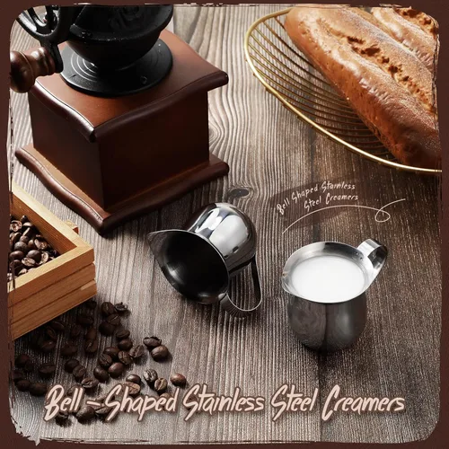 Miniatura 4 de Potchen Paquete de 6 cremas de campana de acero inoxidable de 3 onzas, mini jarras de leche para café con mango y tazas de boquilla para servir
