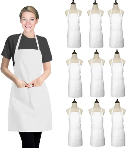 Miniatura 8 de Paquete de 9 delantales negros para mujeres, adultos, niñas y mujeres con bolsillos, delantales de cocina a granel para cocinar, pintar, barbacoa
