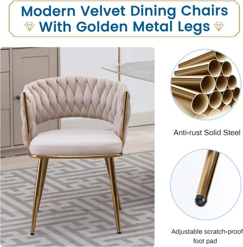 Miniatura 7 de KCC Juego de 2 sillas de comedor modernas de terciopelo, sillas tapizadas para sala de estar con respaldo tejido y patas de metal dorado, silla