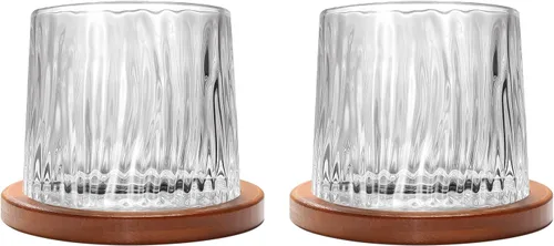 Miniatura 26 de Vaso de vidrio antiguo giratorio, 275ml/10oz de vidrio de whisky de cristal, posavasos de madera, engrosamiento, utilizado como vaso de ron, vaso