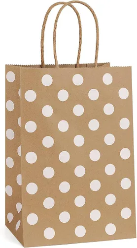 BagDream Pequeñas bolsas de regalo de papel 25pcs 5.25x3x8 pulgadas con asas, bolsas de fiesta de compras reciclables Kraft Brown Dot Marrón