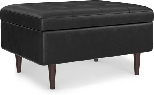 SIMPLIHOME Shay - Mesa auxiliar rectangular pequeña de 34 pulgadas de ancho de mediados de siglo en piel sintética vegana negra envejecida, montada,