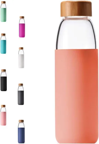 Miniatura 15 de Botellas de agua de vidrio de borosilicato de 25 onzas con tapa de bambú, sin BPA, funda de silicona antideslizante y tapa a prueba de fugas de Azul