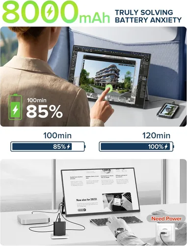 Miniatura 7 de Monitor portátil con pantalla táctil con batería de 8000 mAh, 15.6 pulgadas, 125% sRGB ultra delgado de 10 puntos, monitor de pantalla táctil USB-C