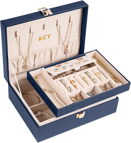 KCY Organizador de joyas para mujeres y niñas estuche grande de cuero sintético con soporte de exhibición de 2 capas y bandeja extraíble para aretes