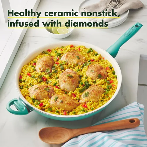 Miniatura 3 de GreenPan Rio Healthy Ceramic - Sartén antiadherente de 13.5 pulgadas con mango auxiliar, sin PFAS, apto para lavavajillas, turquesa