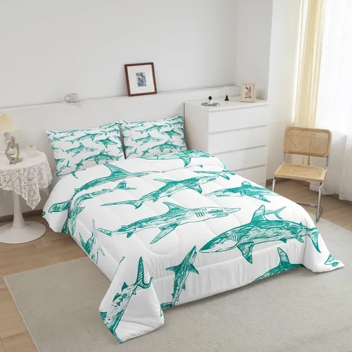 Miniatura 2 de Erosebridal Juego de edredón de tiburón, tamaño individual, juego de ropa de cama de vida oceánica para niños y niñas, color verde azulado