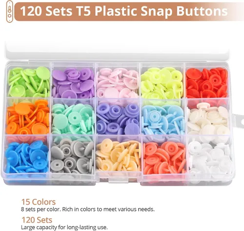 Miniatura 4 de Kamtop Juego de alicates a presión, 120 juegos de botones a presión de plástico T5 de 15 colores, broches de presión, alicates de presión