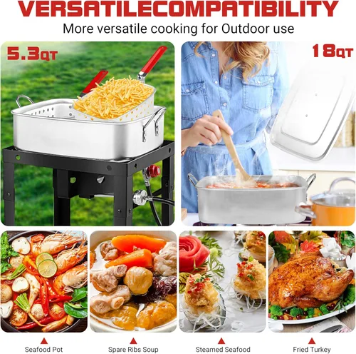Miniatura 3 de OT1808-LID-Freidora de Propano con Olla Profunda Cuadrada de 18Qt – Cesta Colador de Aluminio de Alta Calidad para Freír Pescado, Olla para Mariscos