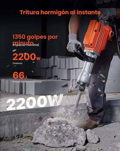 Miniatura 2 de VEVOR Martillo de demolición Jack Hammer, Martillo eléctrico MAX 2200W de alta resistencia, rompedor de hormigón de 1400 BPM, 4 piezas de cinceles