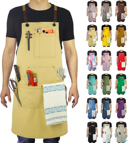 Delantal de Cocina, Delantal de Trabajo, Lona, Múltiples Bolsillos, Jardinería, Pintura, BBQ, Artista, Carpintero, Tallas M a XXL, Ámbar