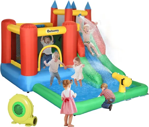 Outsunny Tobogán acuático inflable 6 en 1 para niños con piscina, cañón de agua, pared de escalada, inflador incluido, castillo de salto para niños,