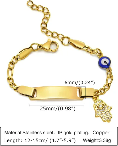 Miniatura 7 de MEALGUET Pulsera personalizada de identificación para niños acero inoxidable chapado en oro de 18 quilates, placa de identificación personalizada