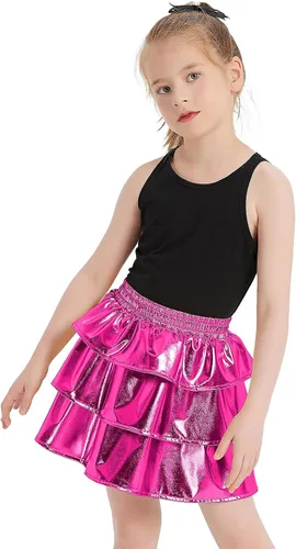 Miniatura 3 de techcity Falda metálica brillante de 3 capas con volantes para niñas, ropa de disfraz de fiesta de baile para niñas de 4 a 13 años con gafas