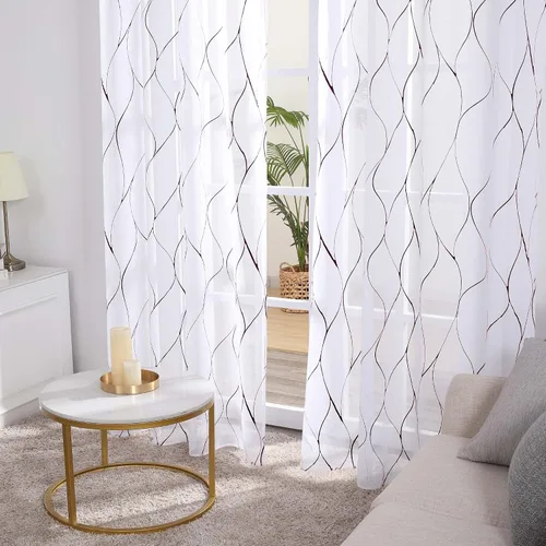 Miniatura 7 de Deconovo - Cortinas translúcidas con patrón de ondas impresas en lámina de aluminio, con aspecto de lino, juego de 2 paneles de cortinas de gasa