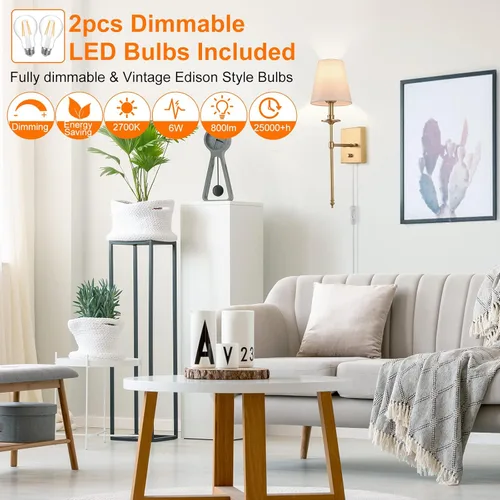 Miniatura 4 de Juego de dos apliques de pared regulables, apliques de pared enchufables con pantalla de tela blanca, lámpara de pared para dormitorio, sala