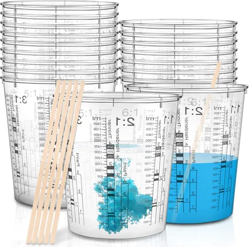 24 tazas medidoras de pintura de 64 onzas, 60.9 fl oz, tazas mezcladoras con graduados y 20 varillas de mezcla de pintura de plástico desechable,