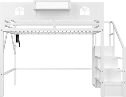 Miniatura 16 de SOFTSEA Cama tipo loft de metal completo con escaleras y armario, cama alta para niños con barandillas en forma de casa y estantes de Negro