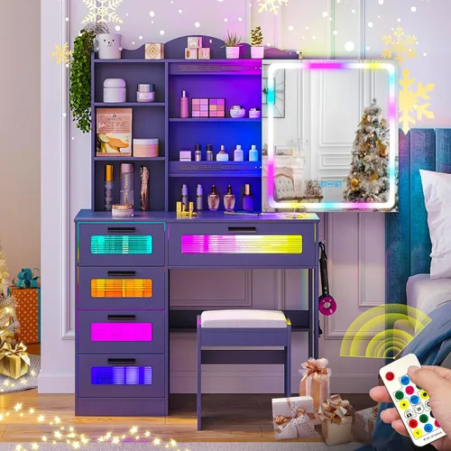 Miniatura 9 de Escritorio de tocador con espejo y luces, escritorio de maquillaje LED RGB con estación de carga, juego de tocador con taburetes y espejo táctil