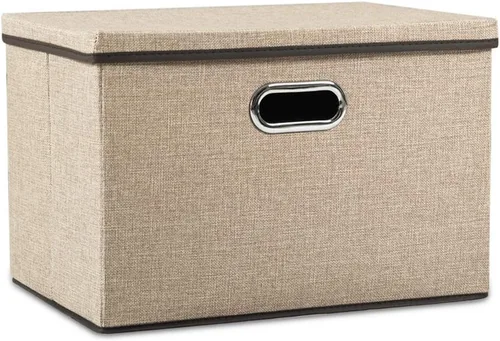 Miniatura 45 de PRANDOM Contenedor de almacenamiento plegable con tapa [1 unidad] Caja de almacenamiento decorativa de tela de lino, cesta organizadora con asas