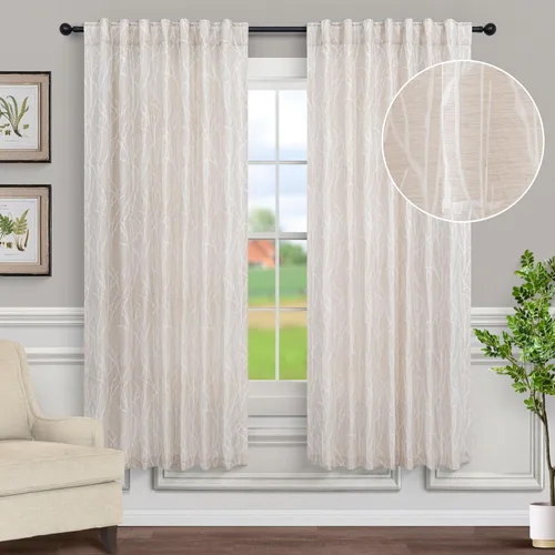 Miniatura 2 de Pitalk - Cortinas con patrón beige de 63 pulgadas de largo para dormitorio, 2 paneles con pestaña trasera y bolsillo, diseño de ramas de árbol
