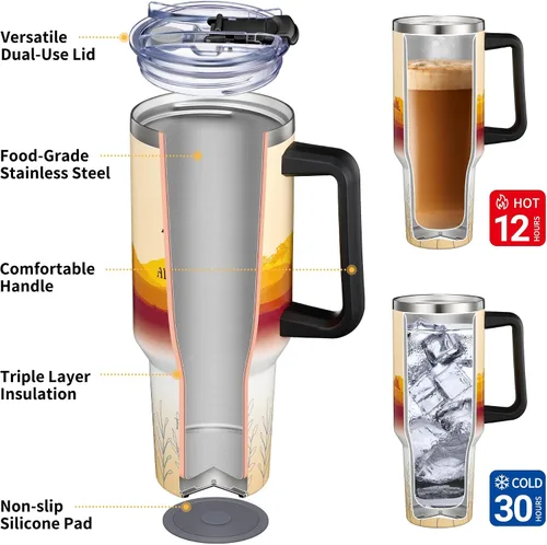 Miniatura 3 de THILY Vaso de 40 onzas de acero inoxidable con asa - Taza de viaje con aislamiento al vacío, tapa a prueba de salpicaduras y a prueba de fugas, 2