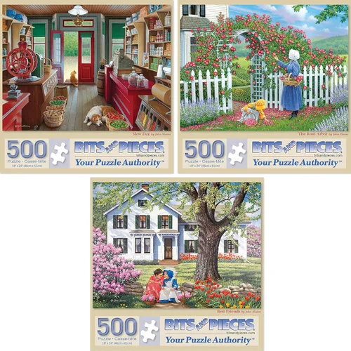 Bits and Pieces Juego de tres rompecabezas de 500 piezas para adultos – Slow Day, The Rose Arbor, Best Friends del artista John Sloane, tamaño del