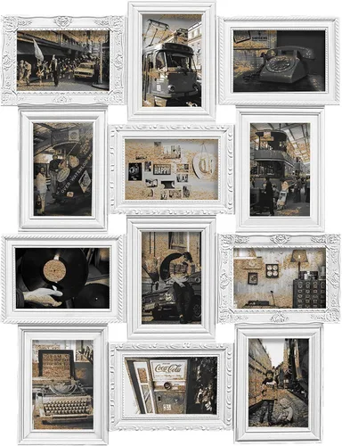 Jerry & Maggie 12 Aperturas Marco de Fotos Collage Rústico 23×18 PVC con Acabado Vintage en Relieve, Portarretratos para Selfie, Galería de Collage