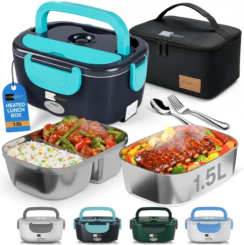 Miniatura 10 de FORABEST Lonchera térmica – Fiambrera eléctrica de 80 W – Calentador de alimentos portátil con 2 recipientes de acero inoxidable de 1.5 L, bolsa