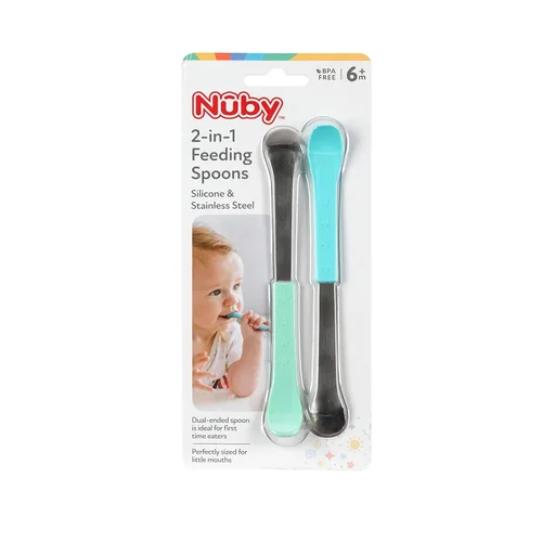 Miniatura 4 de Nuby Cucharas de alimentación de doble extremo de silicona y acero inoxidable 2 en 1 para bebé, aguamarina/azul