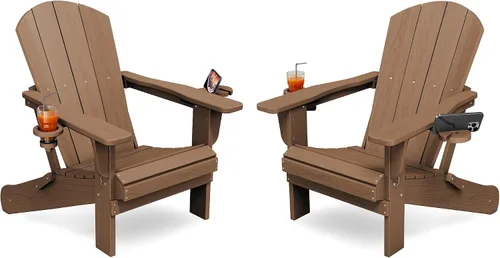 Miniatura 23 de KINGYES Silla plegable Adirondack con portavasos dobles - Sillas de exterior de HDPE para todo clima, silla de patio tipo madera para el patio Negro