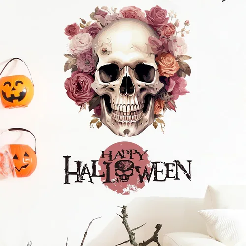Miniatura 2 de Calcomanías de pared de calavera de flores de Halloween, calcomanías de pared de arte de terror de Halloween, vinilo extraíble para Halloween