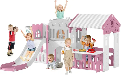 Miniatura 10 de Juego de juegos al aire libre, casa de juegos 10 en 1 para niños pequeños con escalador de rocas con baloncesto, aro, almacenamiento, sala